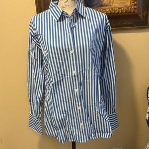 Frame Cotton Blue and White Veranda Striped Button-down Cuff Sleeve Shirt